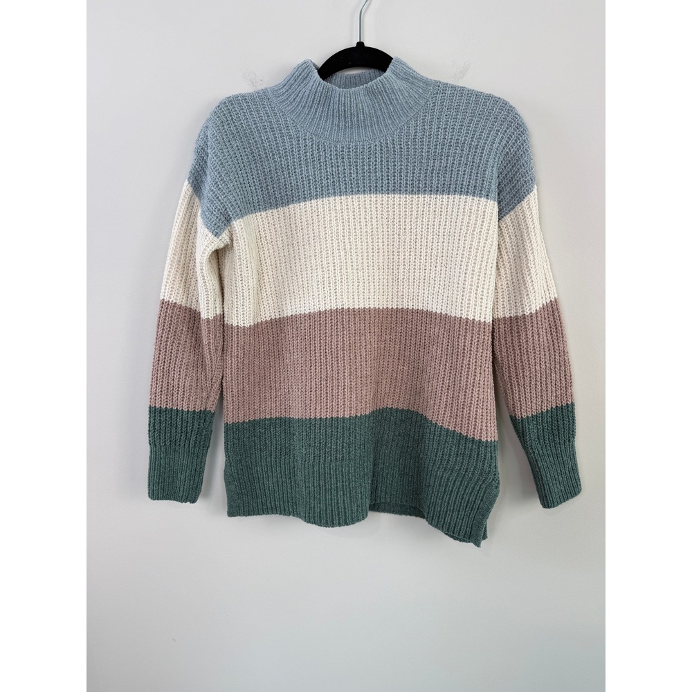 Hippie Rose Multi Colorblock Chenille Sweater Mock Neck Soft Knit Women's Small
